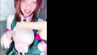 Cosplay girl dressed as Ochako Uraraka from My Hero Academia sucking big fake cock