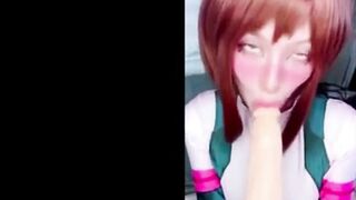 Cosplay: Cosplay girl dressed as Ochako Uraraka from My Hero Academia sucking big fake cock #4